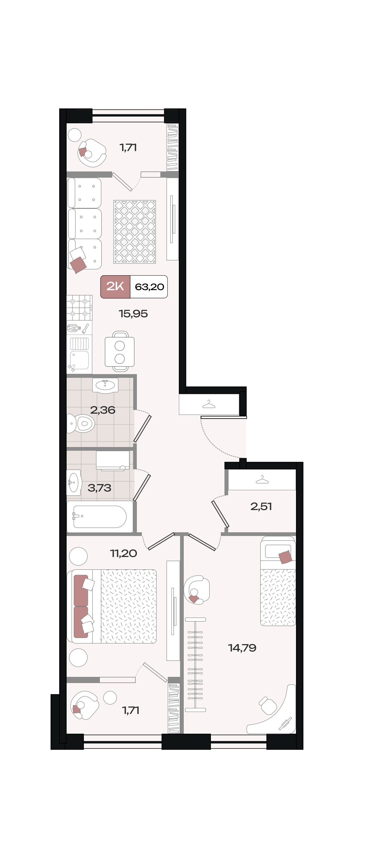 Планировка 2-комнатная 63,2 м²