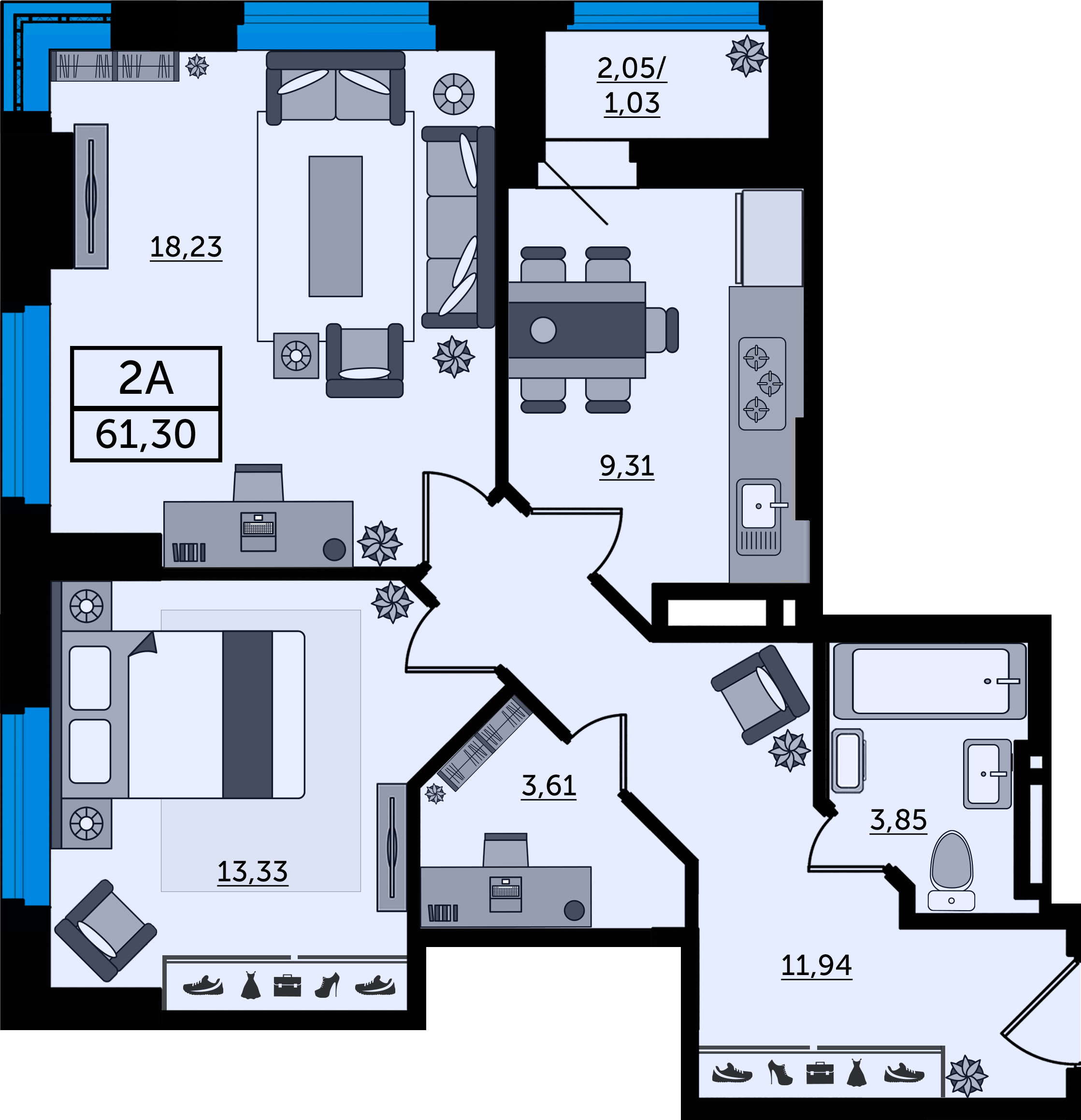 Планировка 2-комнатная 61,3 м²