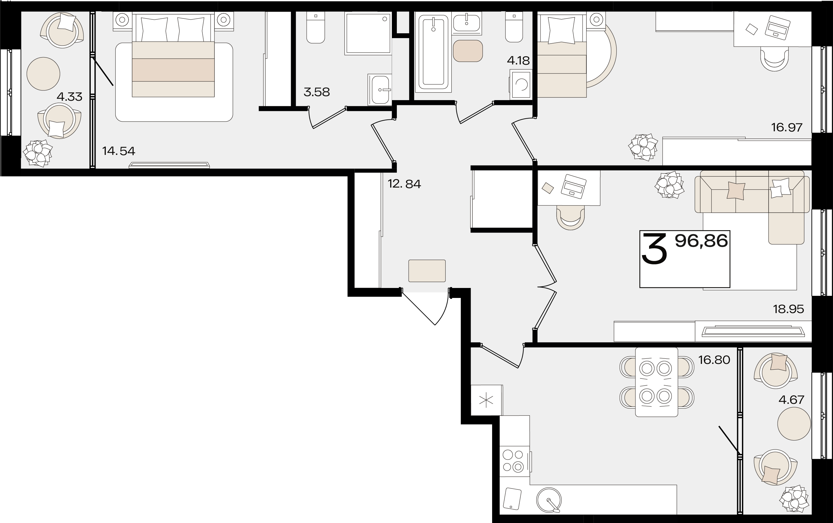 Планировка 3-комнатная 96,86 м²