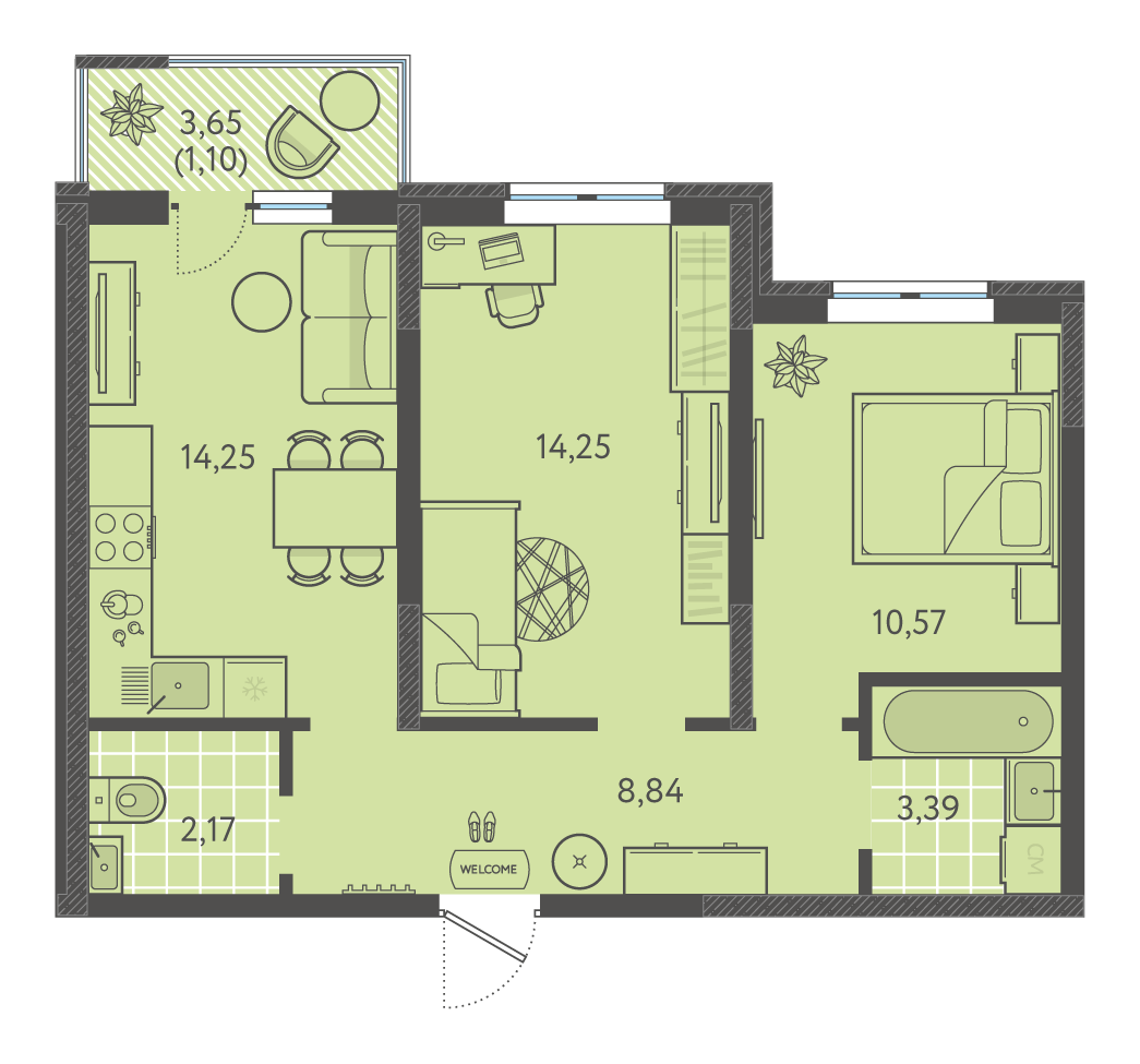Планировка: 2-комн. квартира 55,8 м²