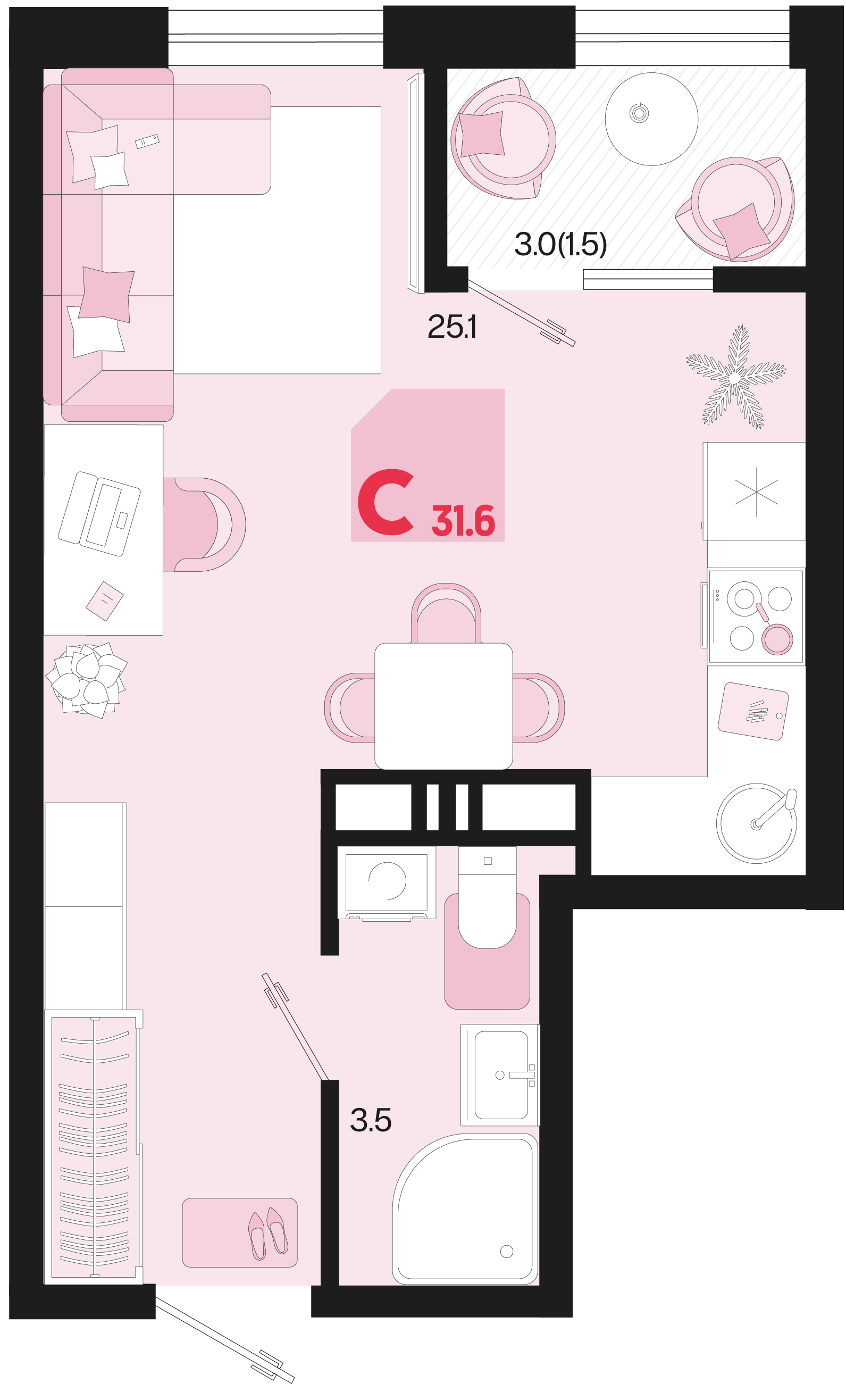 Планировка Студия 31,6 м²