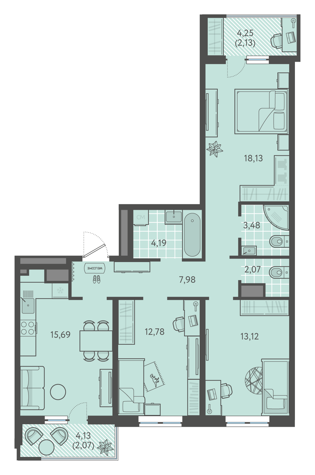 Планировка 3-комнатная 81 м²