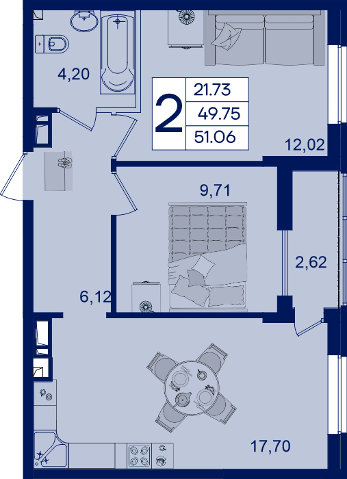 Планировка 2-комнатная 51,06 м²