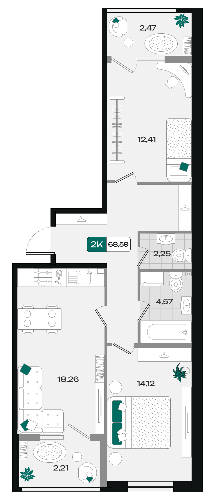 Планировка: 2-комн. квартира 68,6 м²