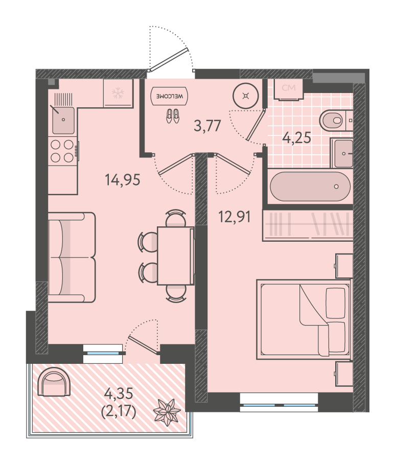 Планировка: 1-комн. квартира 36,1 м²