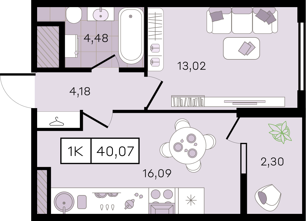 Планировка 1-комнатная 40,07 м²