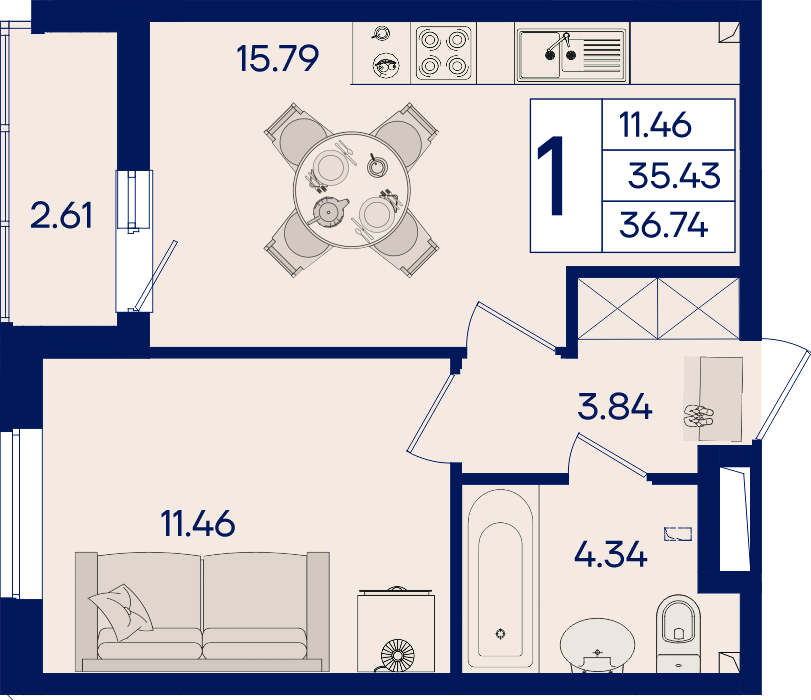 Планировка: 1-комн. квартира 36,7 м²