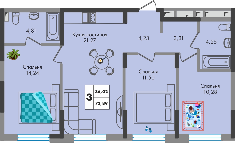 Планировка 3-комнатная 74,7 м²