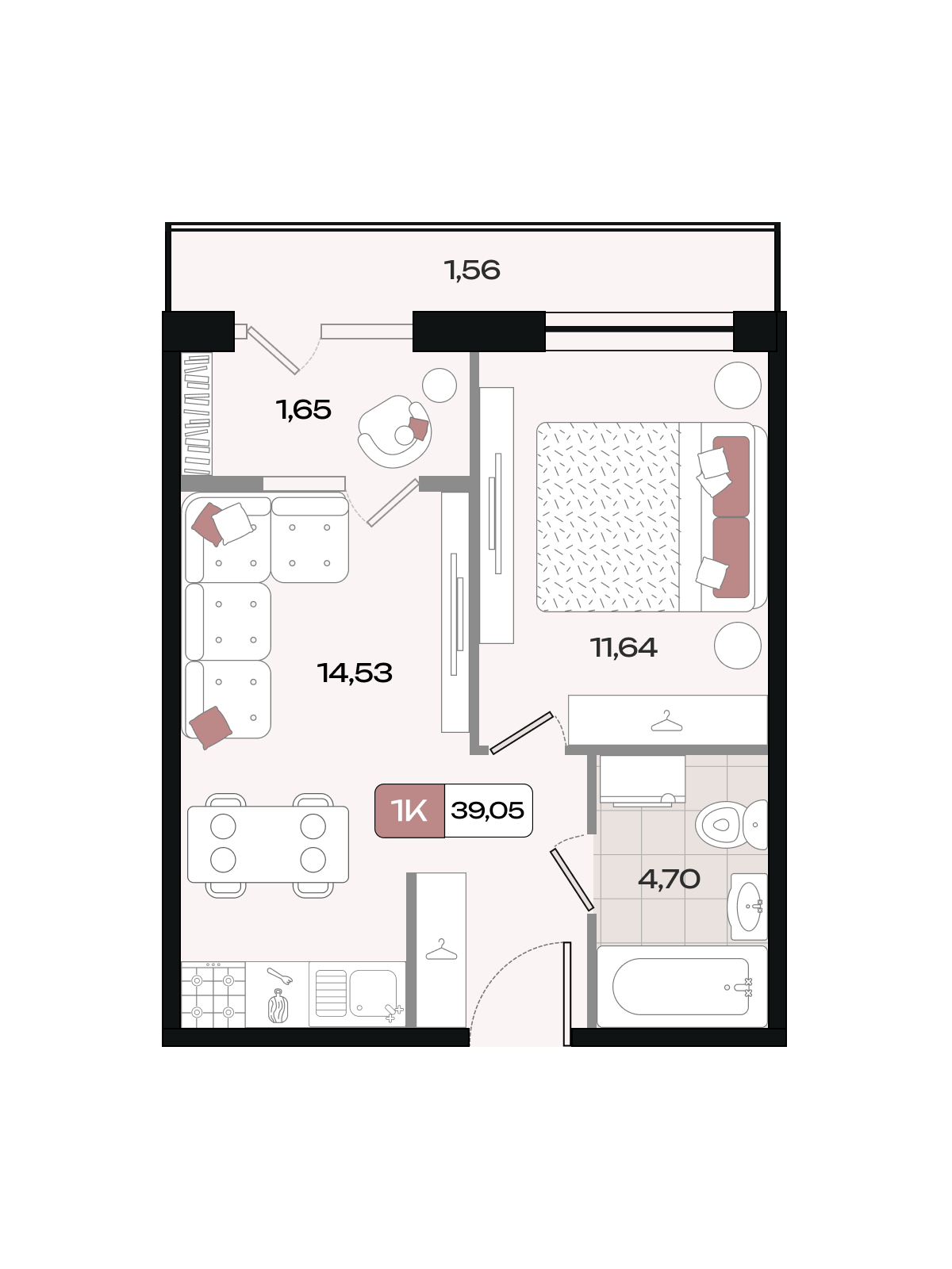 Планировка 1-комнатная 39,05 м²