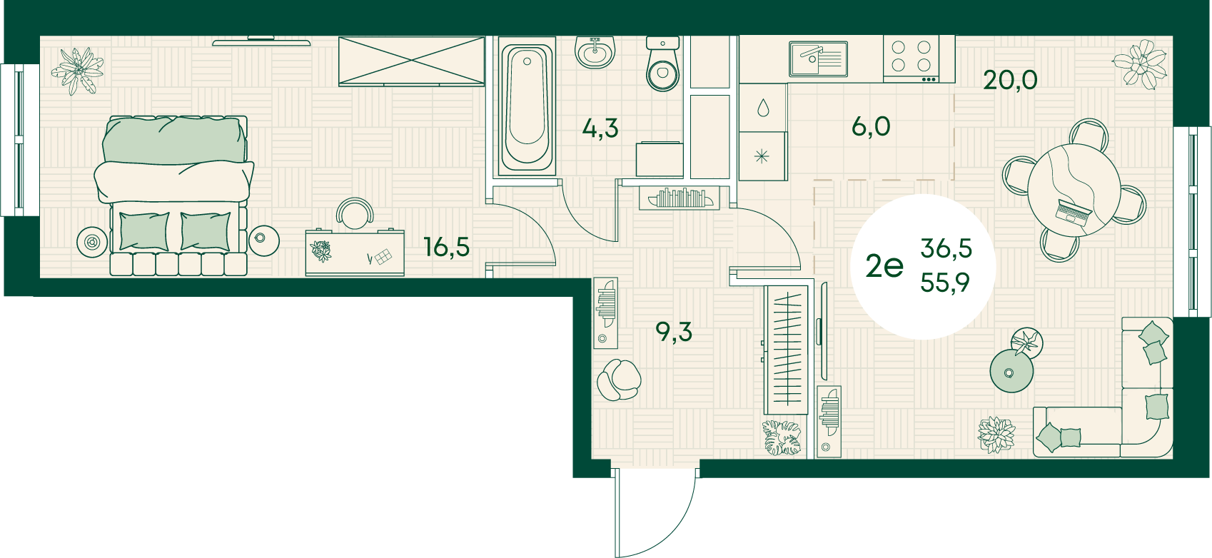 Планировка 2-комнатная 55,9 м²