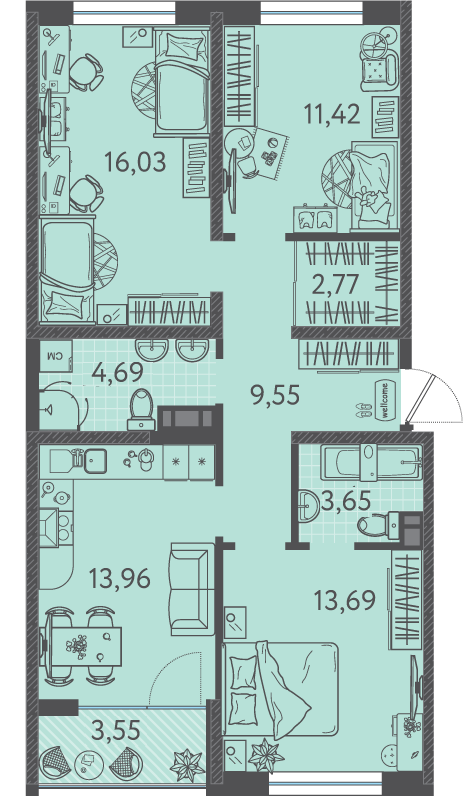 Планировка 3-комнатная 76,7 м²