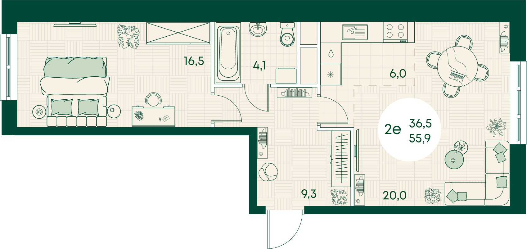Планировка: 2-комн. квартира 55,9 м²