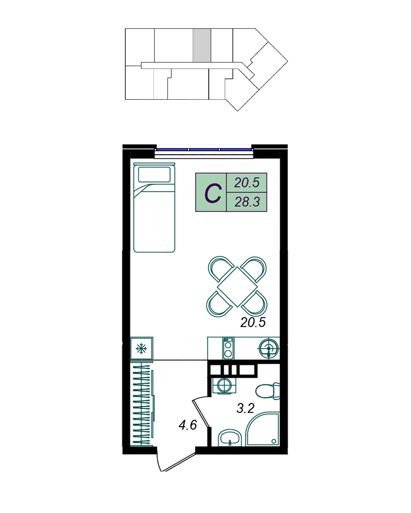 Планировка: Студия 28,3 м²