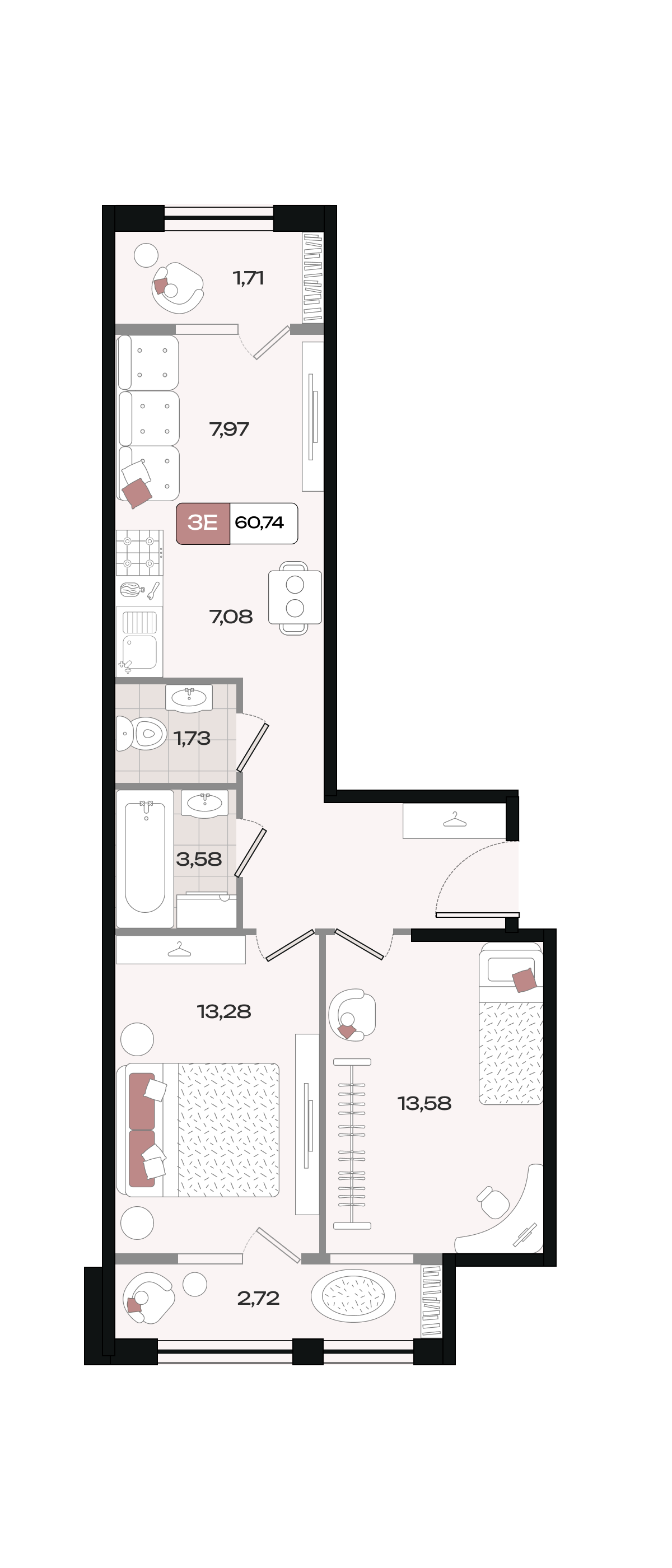 Планировка 3-комнатная 60,74 м²