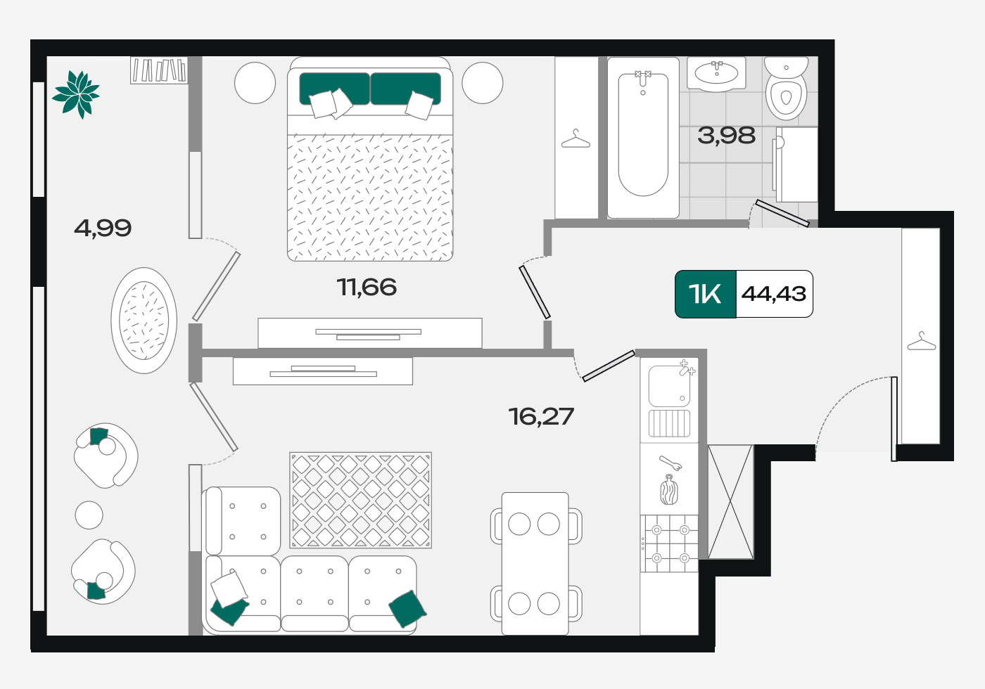 Планировка: 1-комн. квартира 44,4 м²
