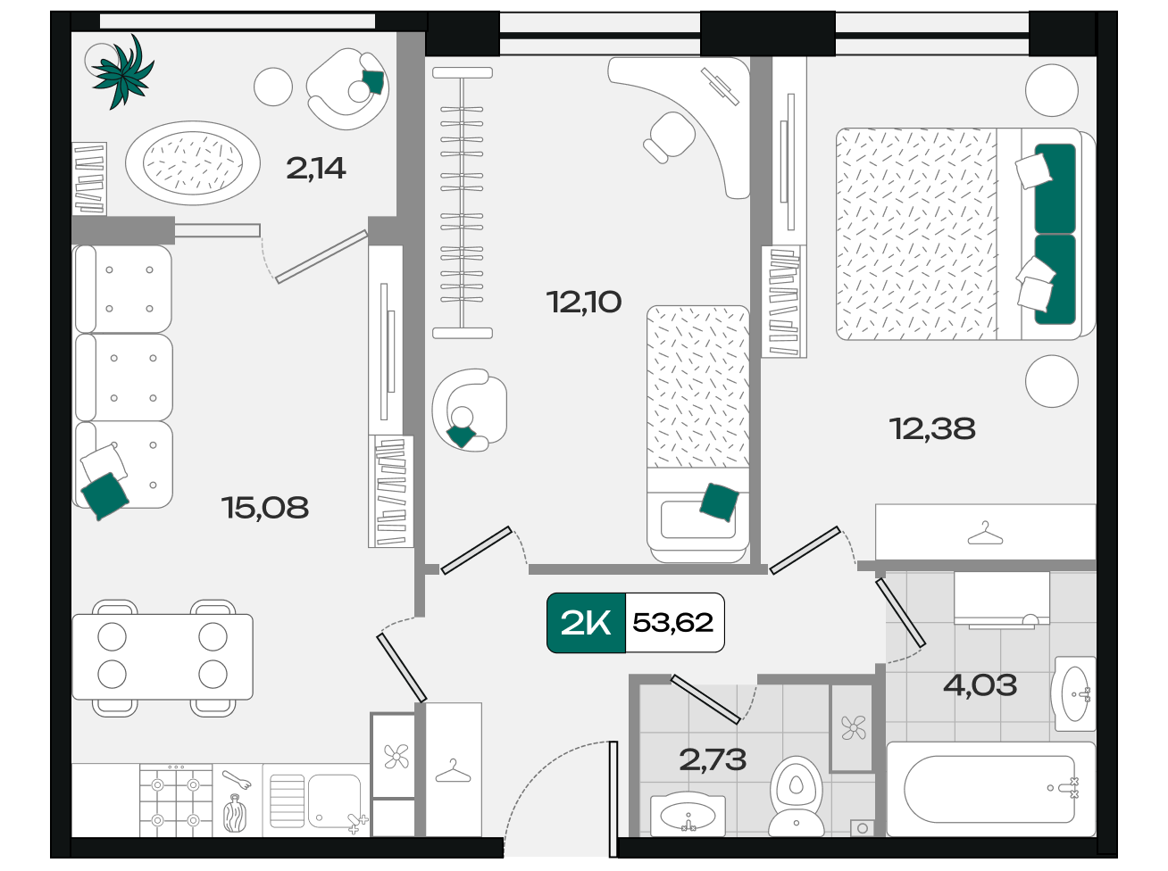 Планировка 2-комнатная 53,62 м²