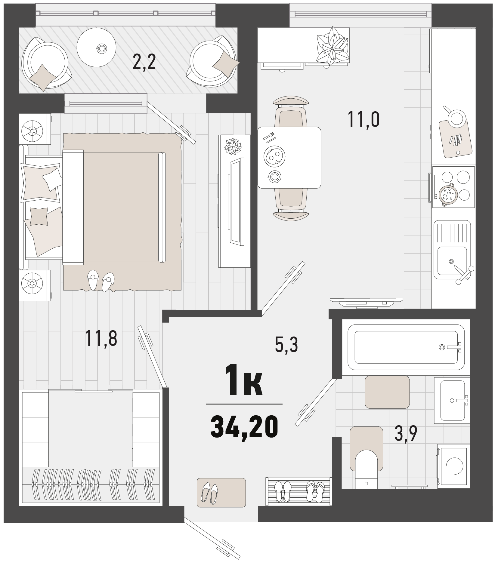 Планировка 1-комнатная 34,2 м²