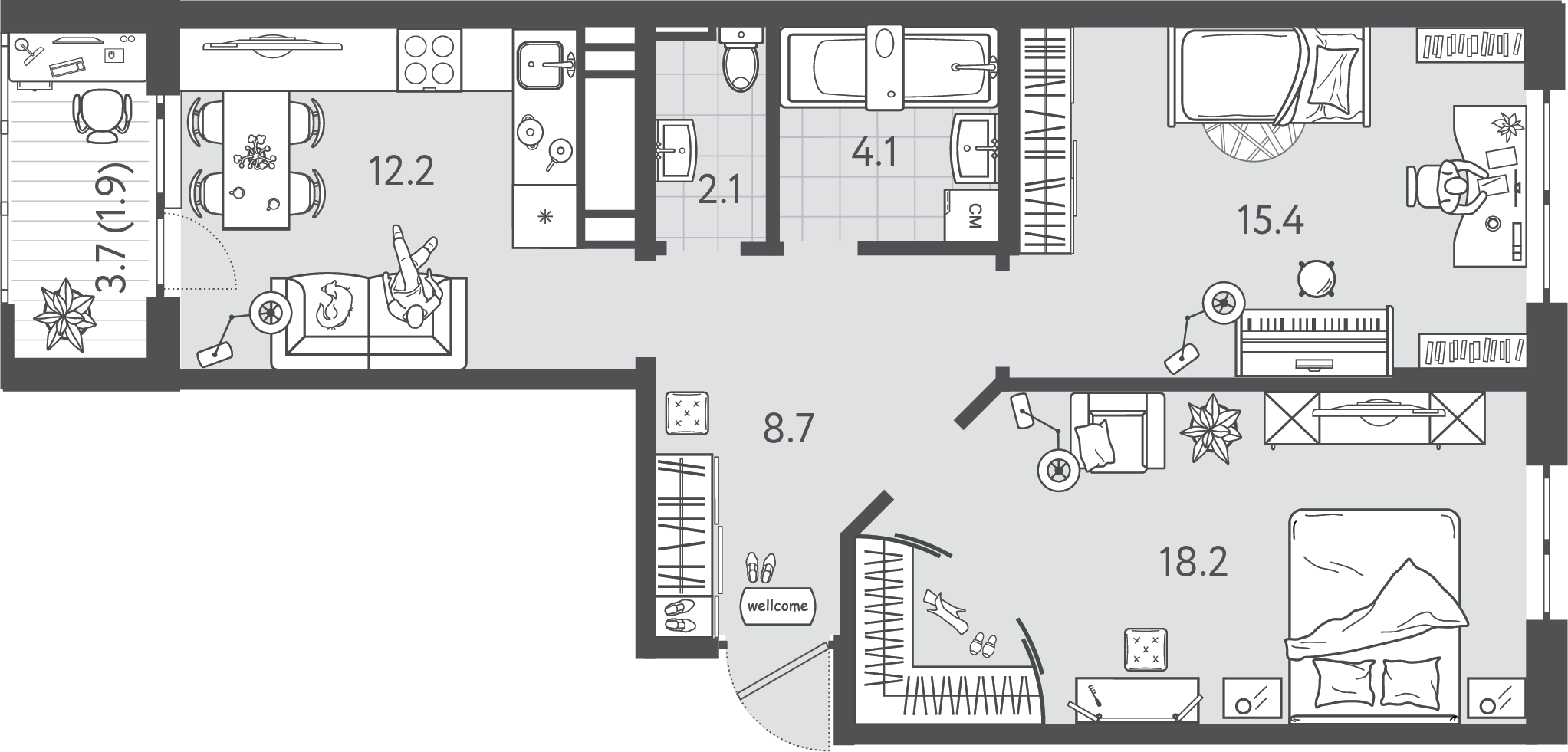 Планировка: 2-комн. квартира 62,7 м²