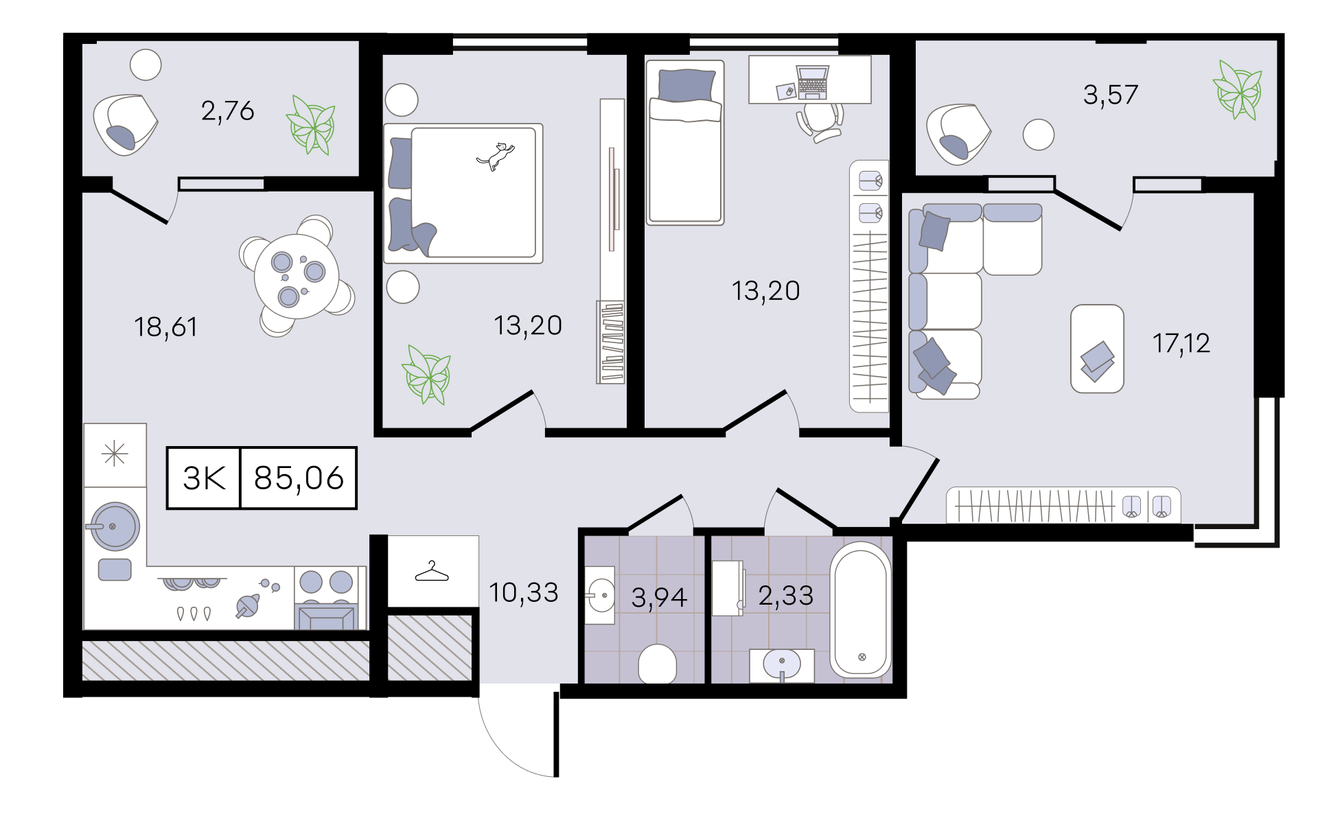 Планировка 3-комнатная 85,06 м²