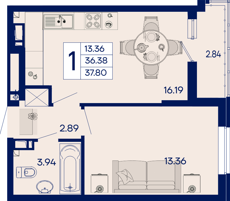 Планировка: 1-комн. квартира 37,8 м²