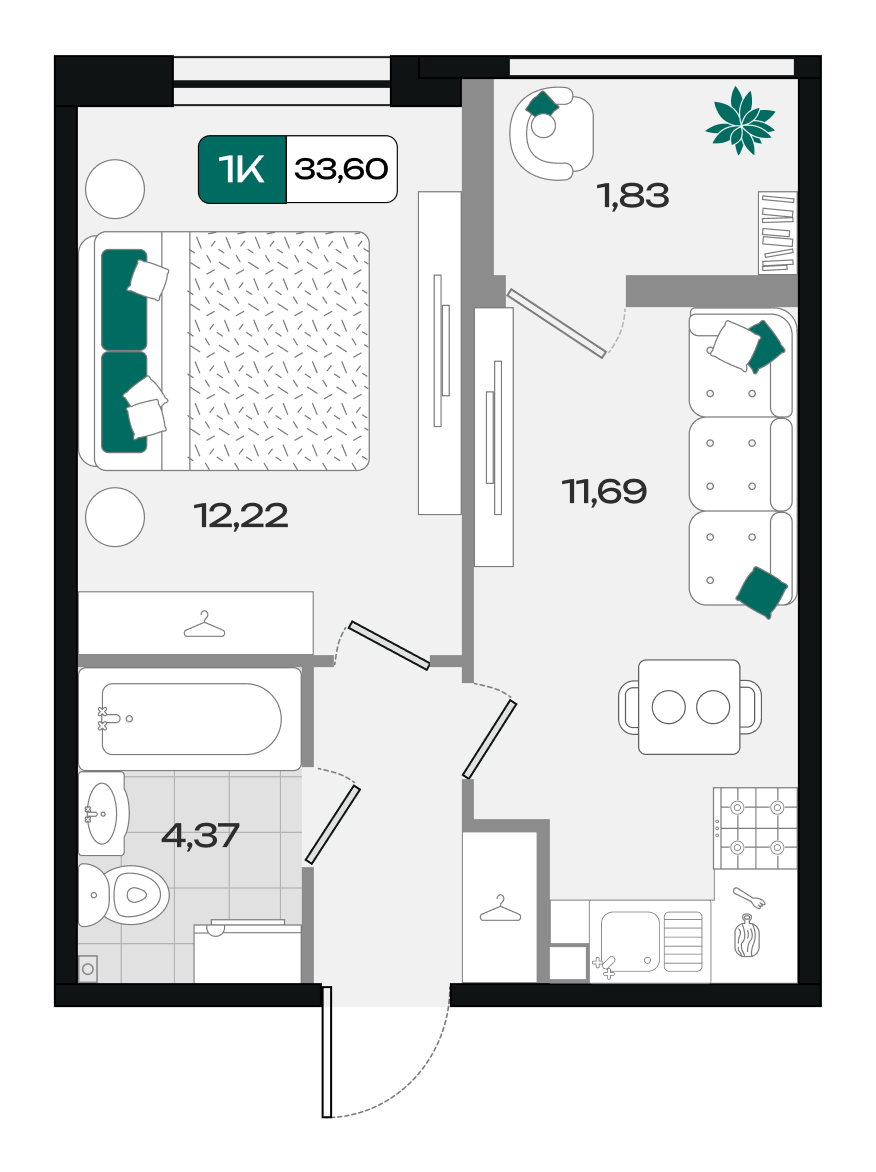 Планировка: 1-комн. квартира 33,6 м²
