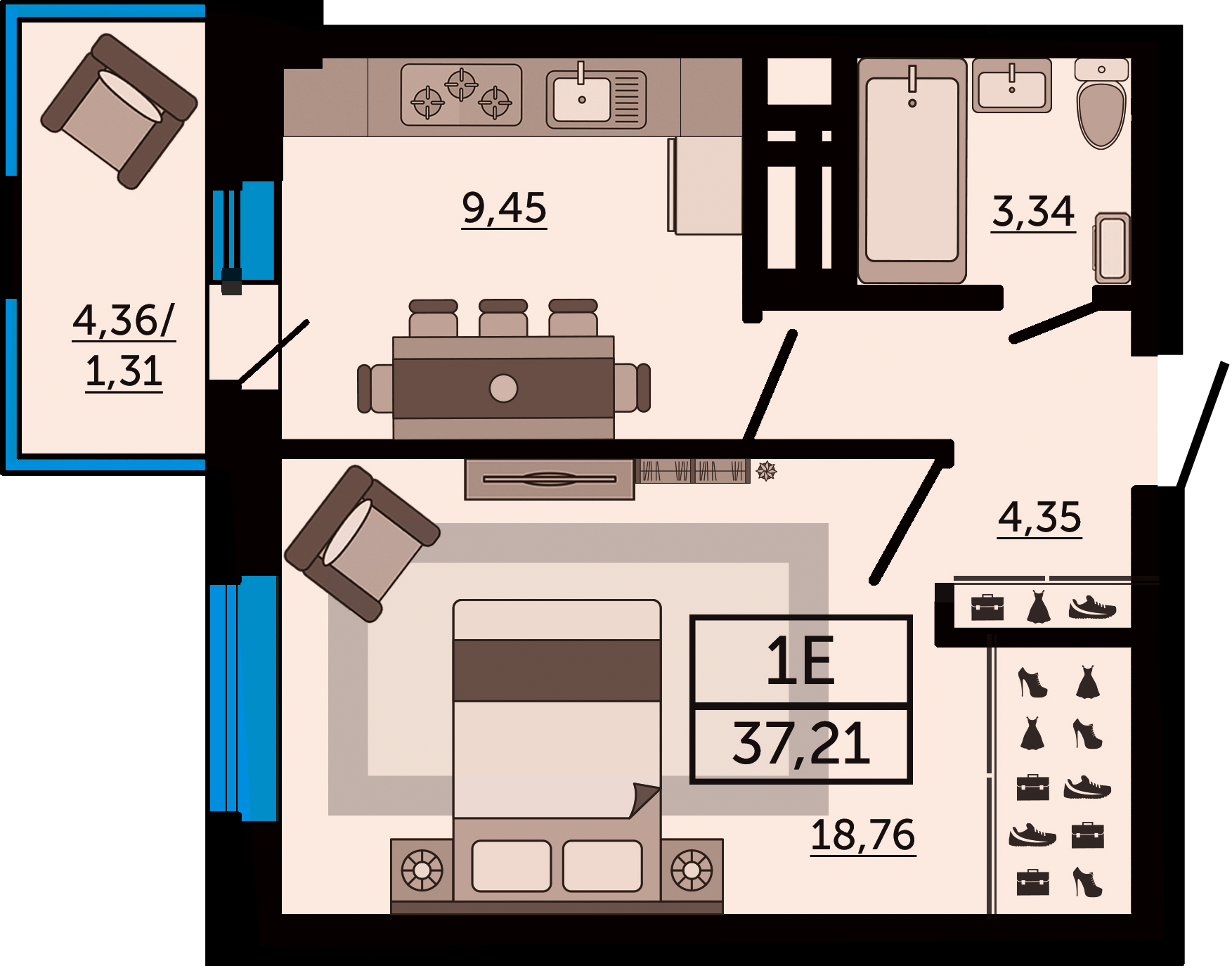 Планировка 1-комнатная 37,21 м²