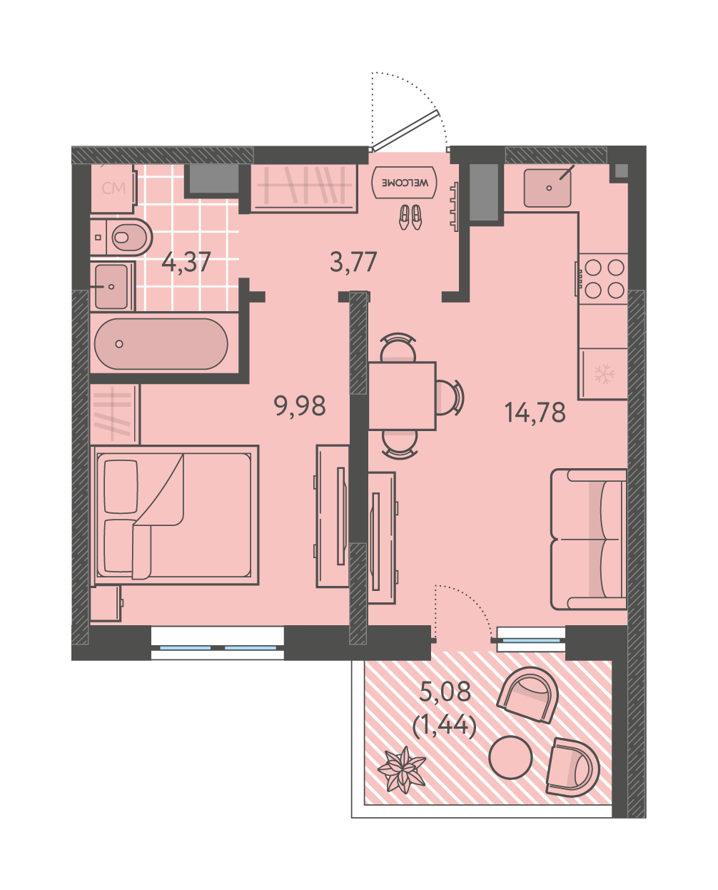 Планировка: 1-комн. квартира 34,3 м²