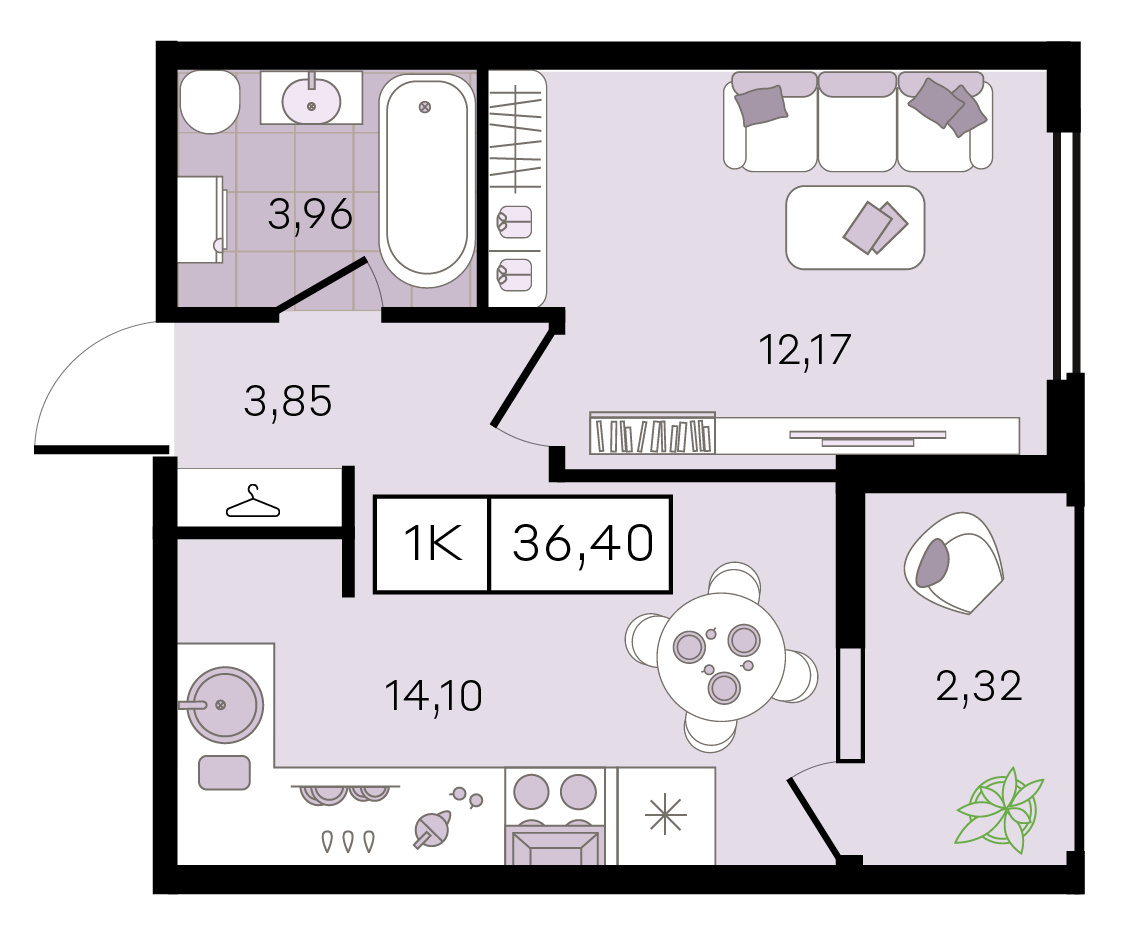 Планировка 1-комнатная 36,4 м²
