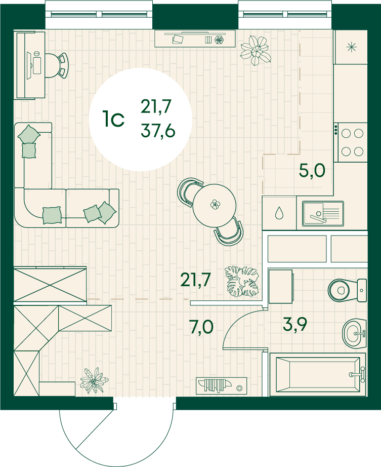 Планировка Студия 37,6 м²