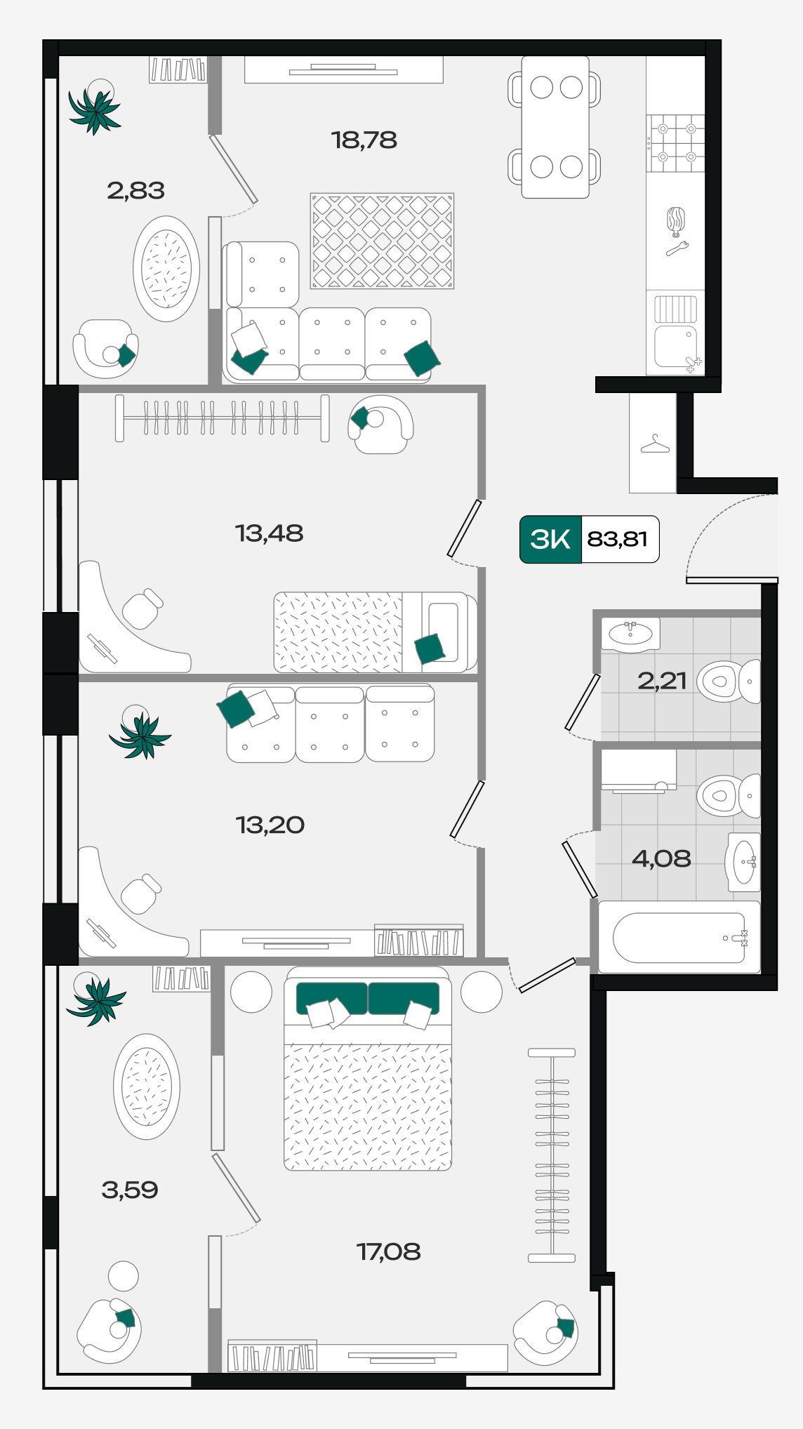 Планировка 3-комнатная 83,81 м²