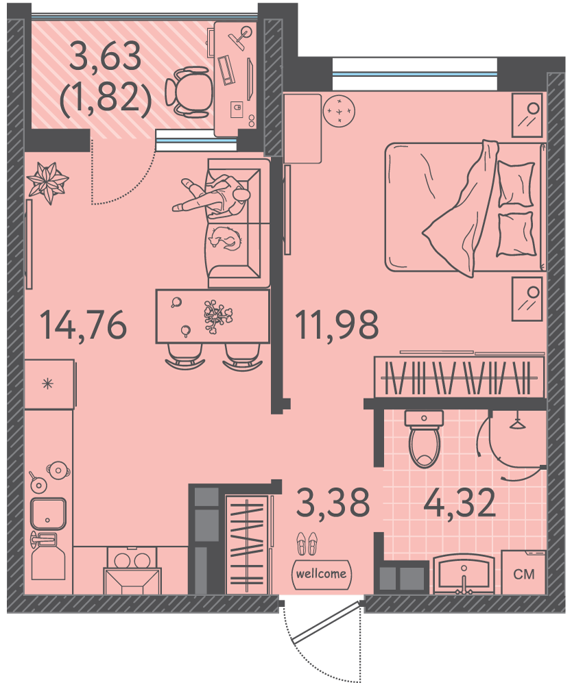 Планировка 1-комнатная 36,05 м²
