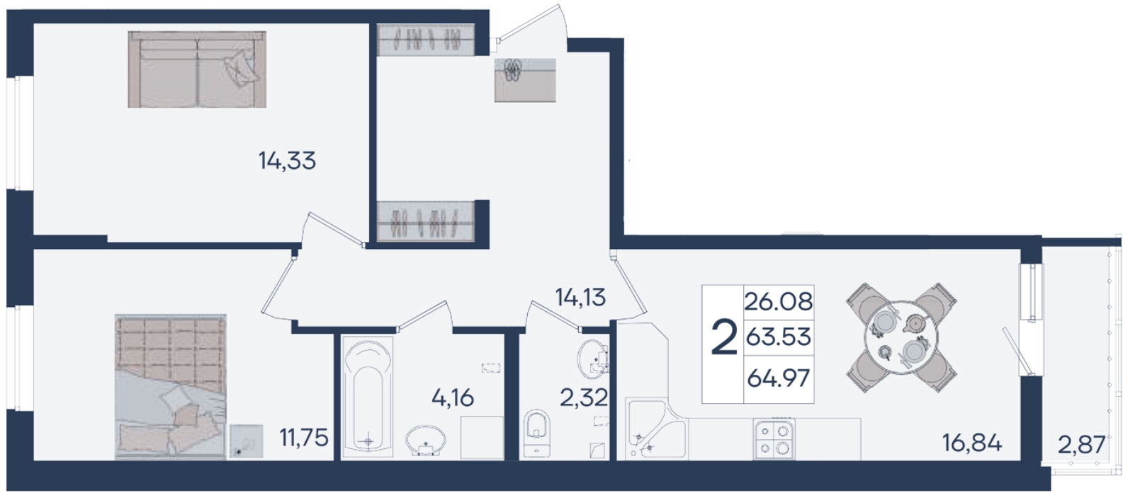 Планировка: 2-комн. квартира 65 м²