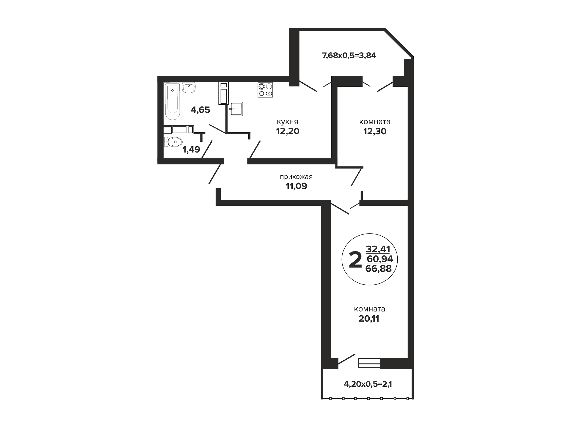 Планировка: 2-комн. квартира 67,7 м²