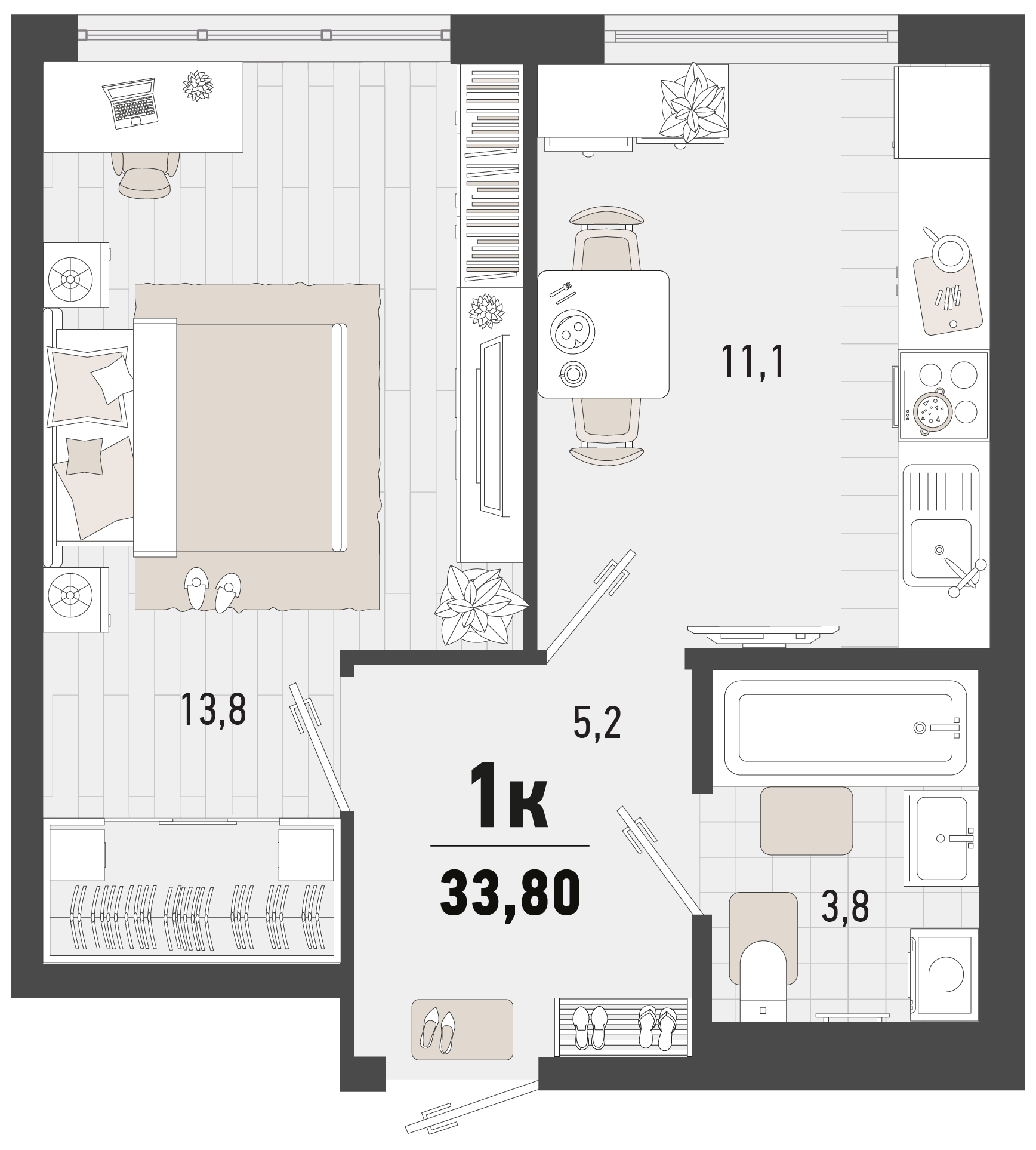 Планировка 1-комнатная 33,8 м²