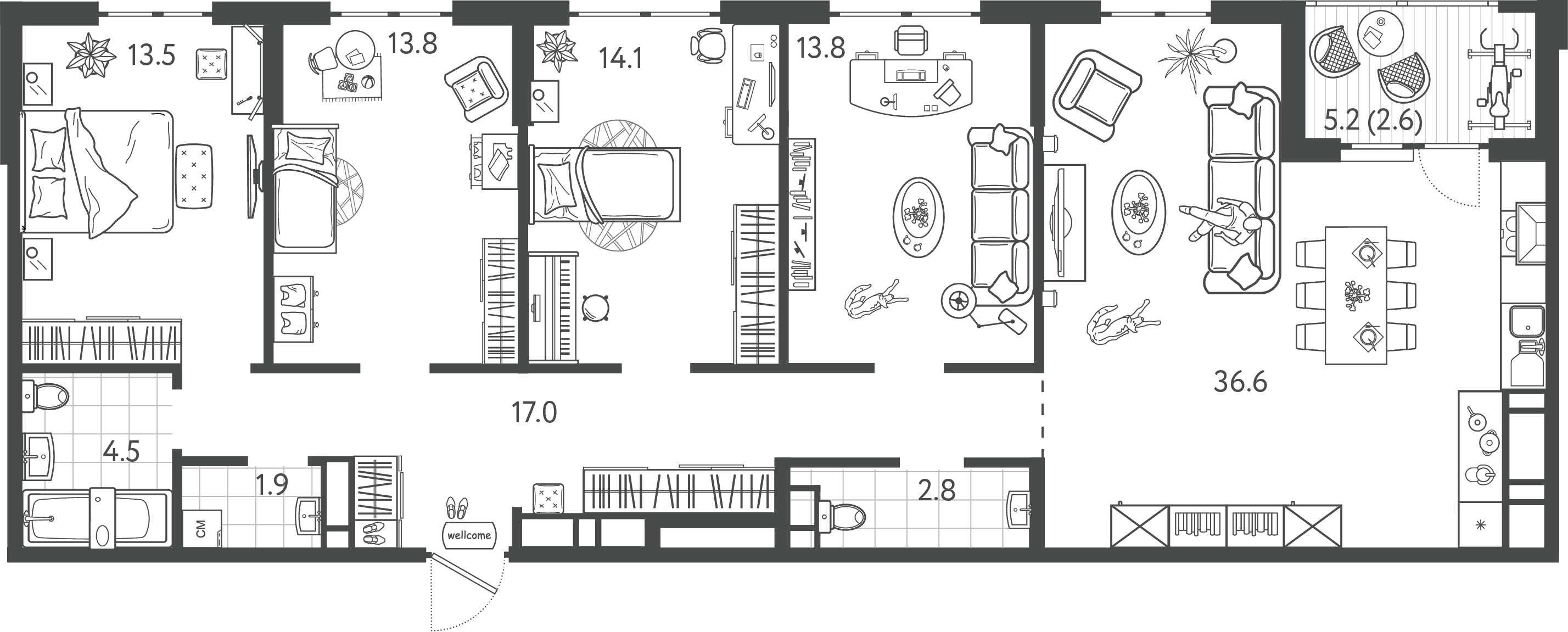 Планировка: 4-комн. квартира 121 м²