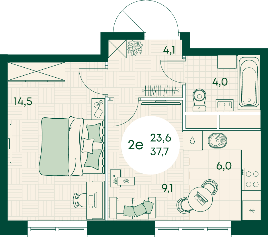 Планировка 2-комнатная 37,7 м²