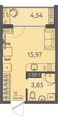 Планировка: Студия 21,6 м²