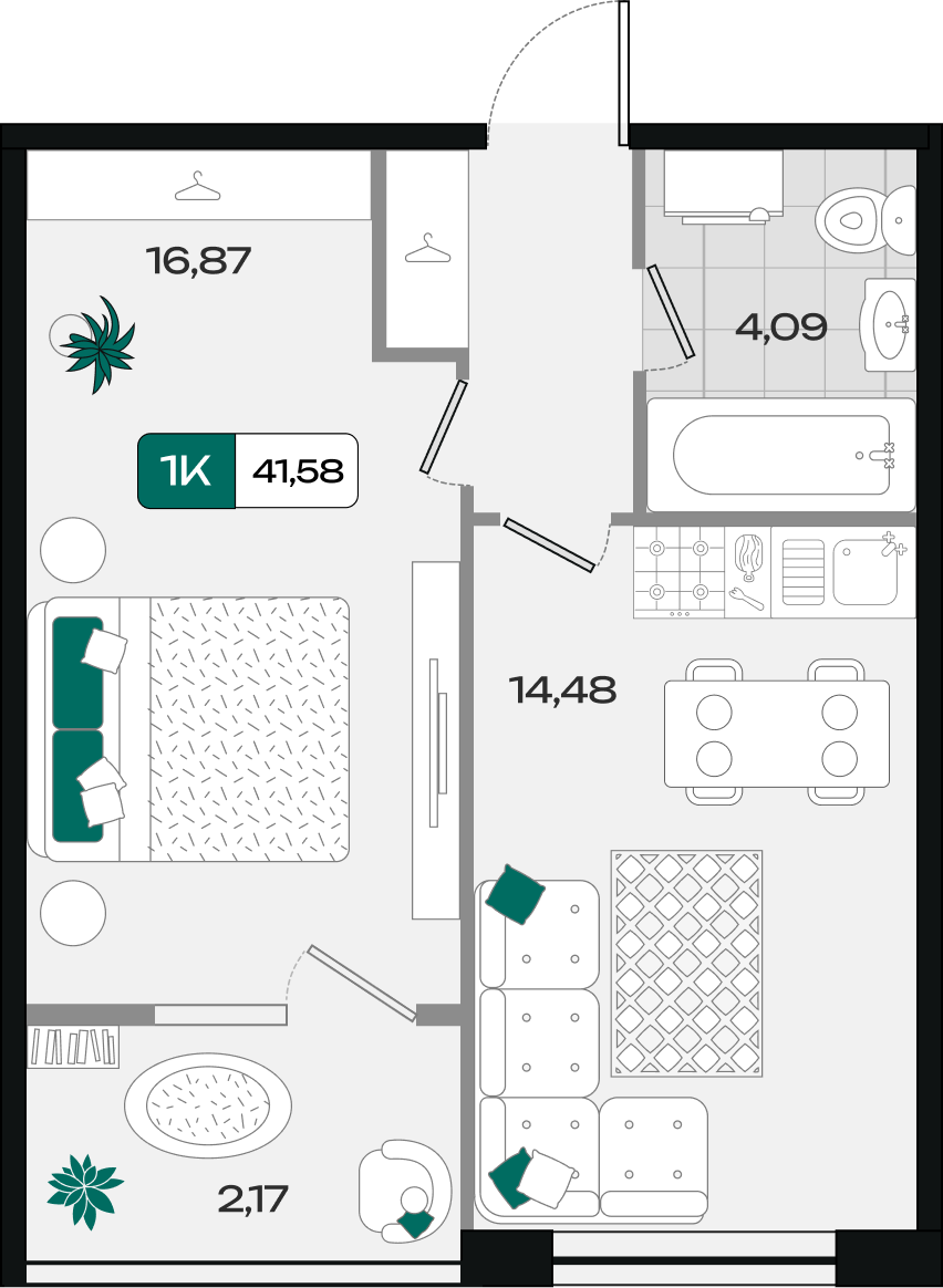 Планировка: 1-комн. квартира 41,6 м²