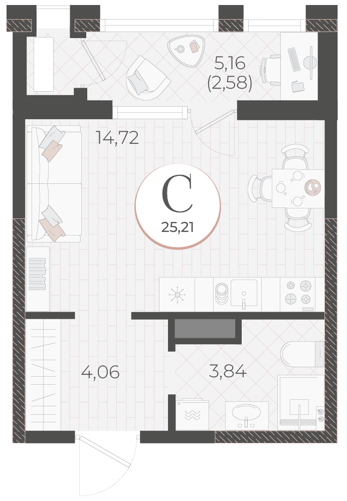 Планировка Студия 25,21 м²