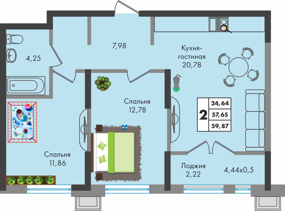 Планировка: 2-комн. квартира 59,9 м²