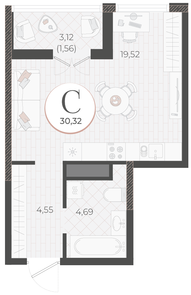 Планировка Студия 30,32 м²