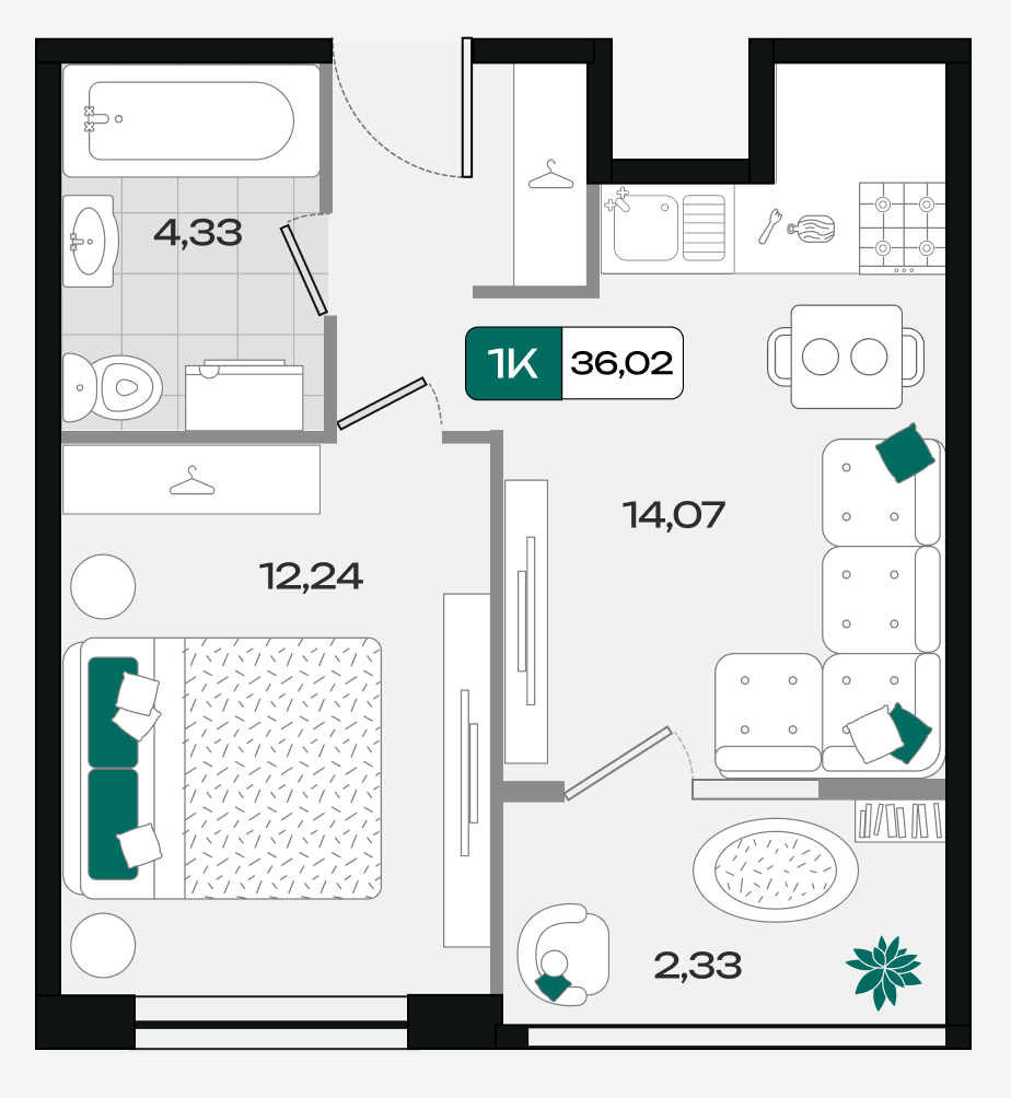 Планировка 1-комнатная 36,02 м²