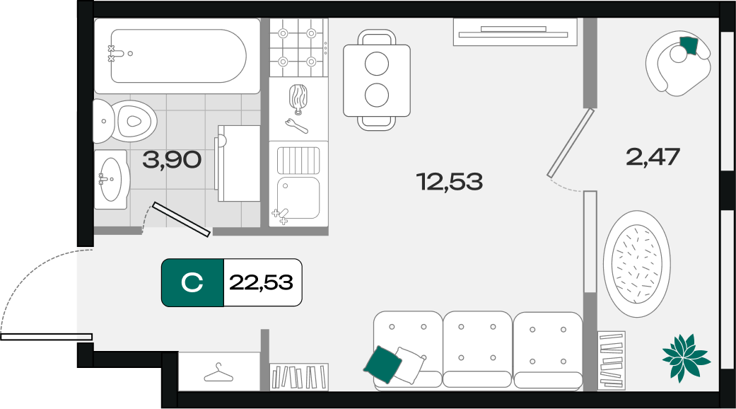 Планировка: Студия 22,5 м²