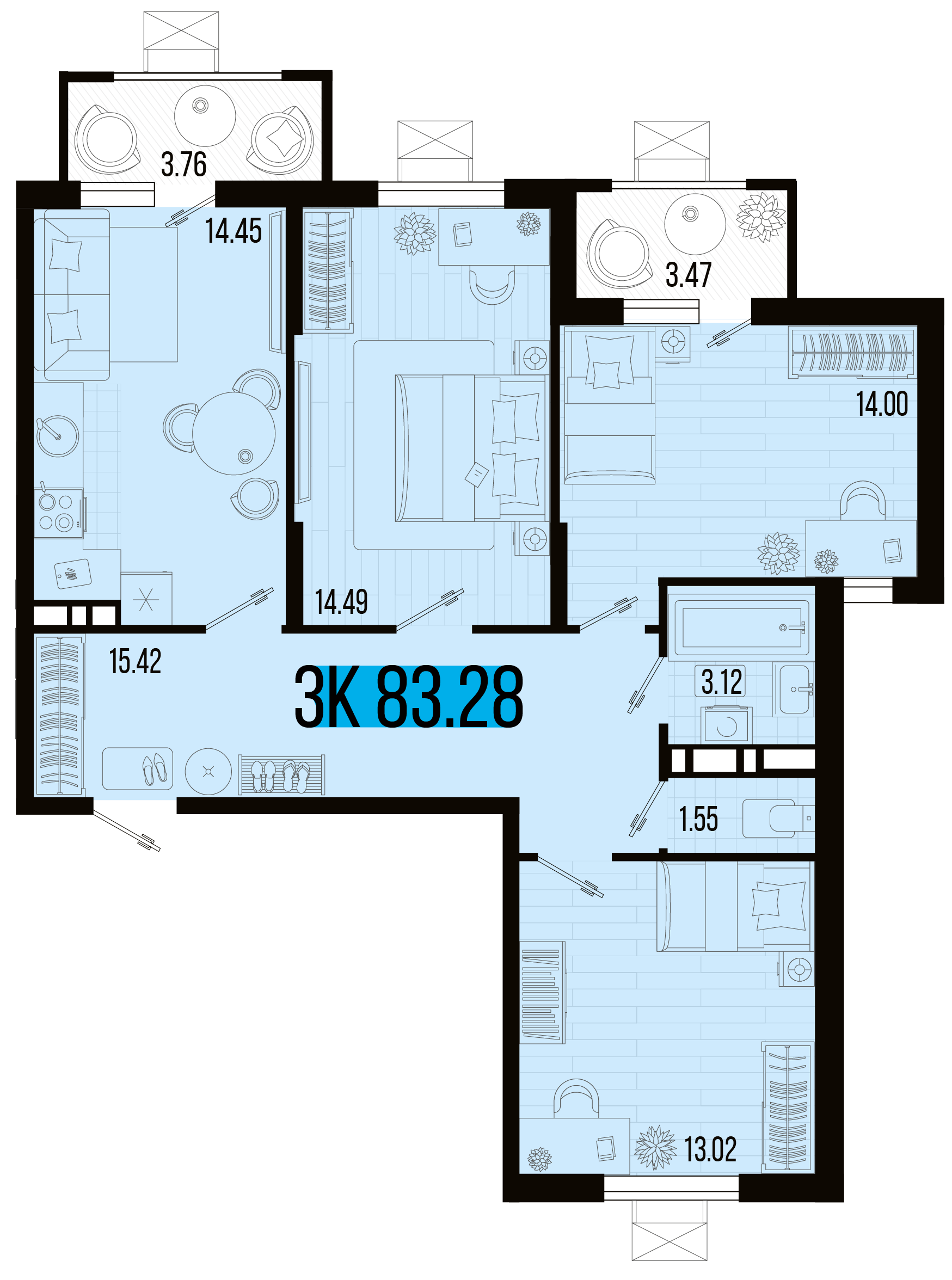 Планировка 3-комнатная 80,15 м²