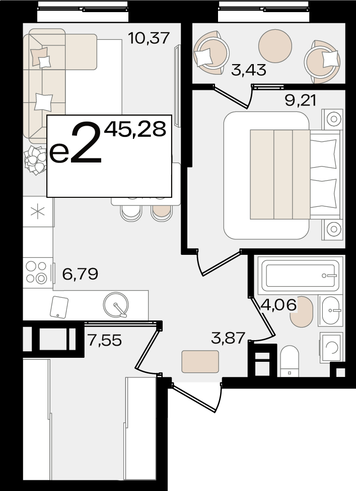 Планировка 2-комнатная 45,28 м²