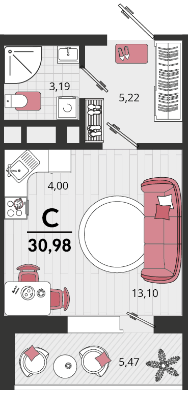 Планировка Студия 30,9 м²