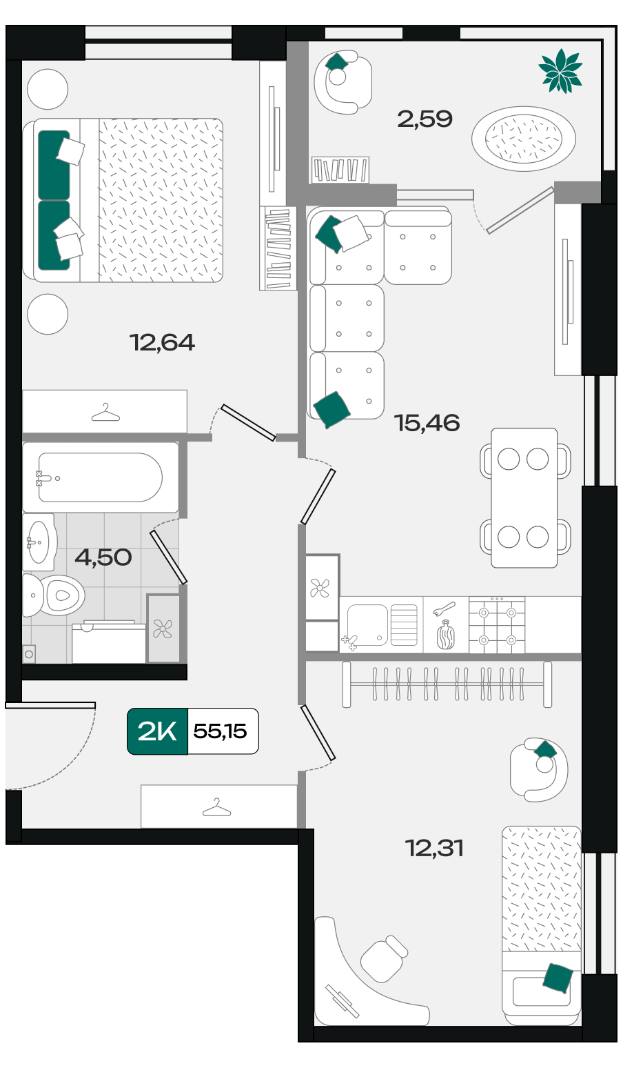 Планировка: 2-комн. квартира 55,2 м²