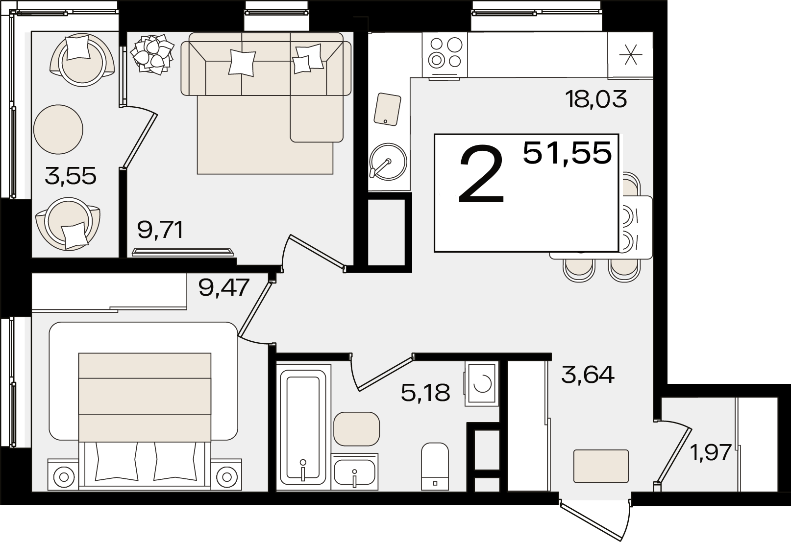 Планировка 2-комнатная 51,55 м²