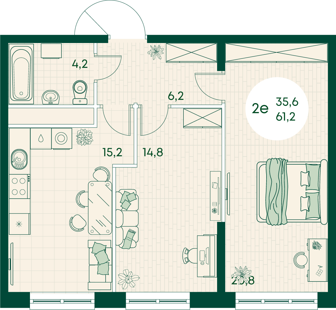 Планировка: 2-комн. квартира 61,2 м²