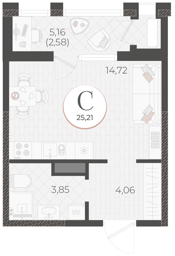 Планировка Студия 25,21 м²